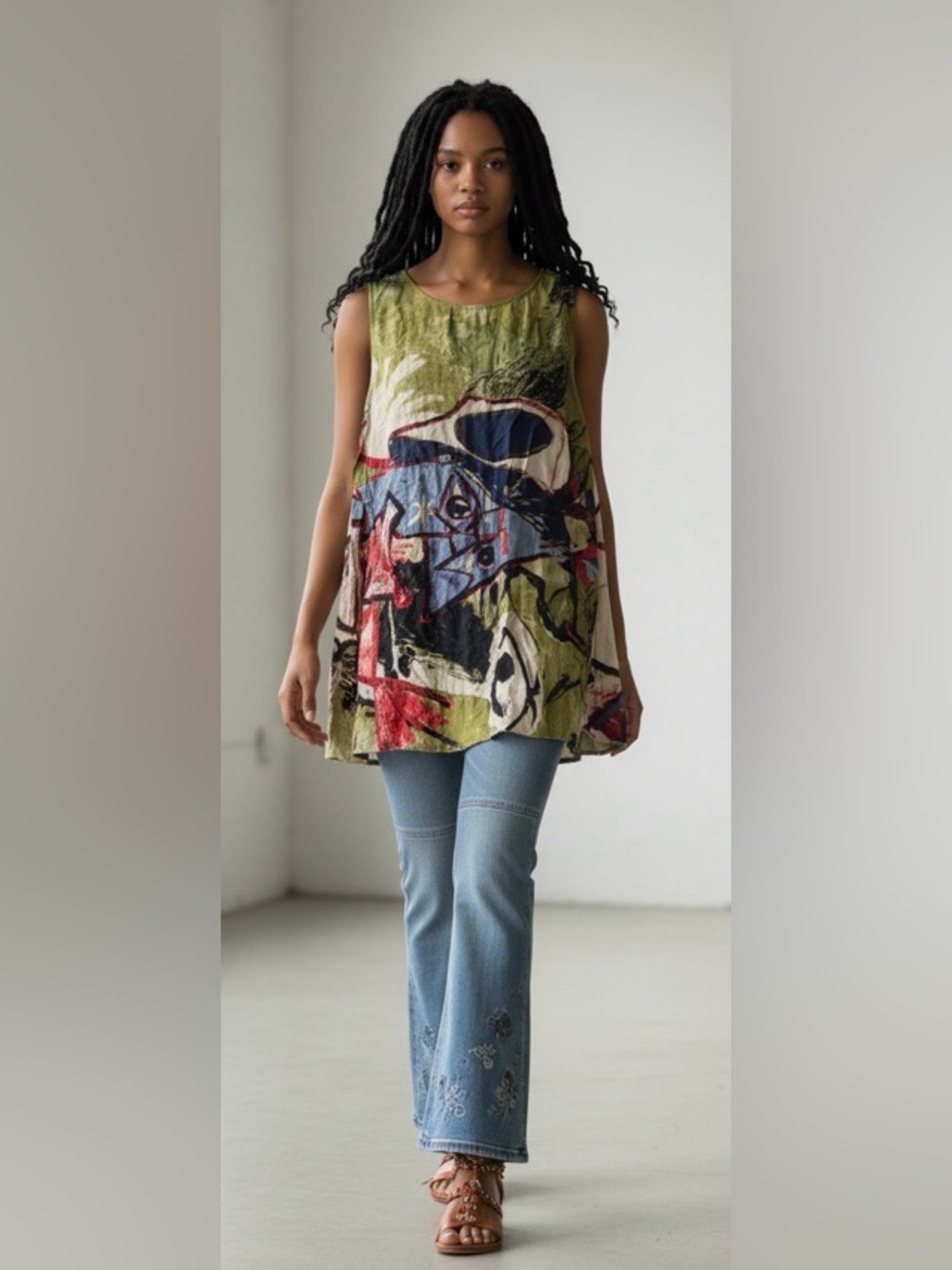 3 Potato Abstract Print Sleeveless Tunic Top - Olive, Blue, Red S/M